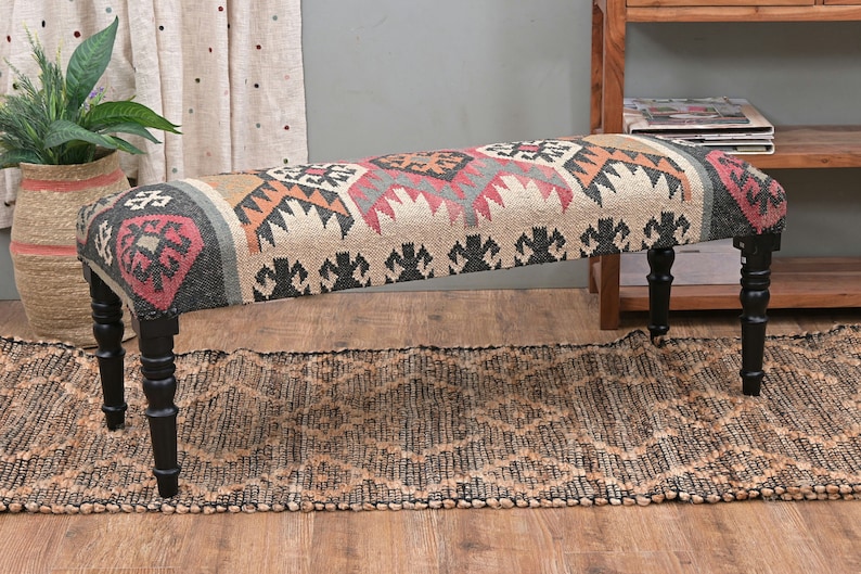 Handmade Kilim Bench Moroccan Style Upholstered Entryway Bench, Indian Jute Kilim Furniture, Boho Footstool Wooden Bench for Living Room
