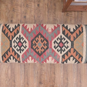 Handmade Kilim Bench Moroccan Style Upholstered Entryway Bench, Indian Jute Kilim Furniture, Boho Footstool Wooden Bench for Living Room