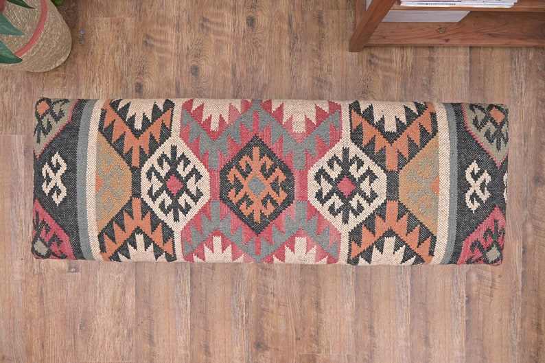 Handmade Kilim Bench Moroccan Style Upholstered Entryway Bench, Indian Jute Kilim Furniture, Boho Footstool Wooden Bench for Living Room