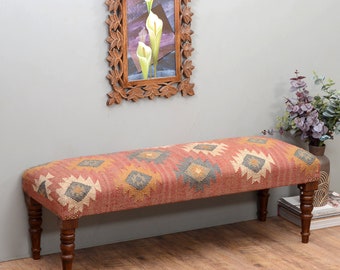 Turkish Handmade Kilim Wooden Bench with Jute Rug - Unique Home Decor Furniture piano Bench sitting ottoman For Living Room | Entry Bench