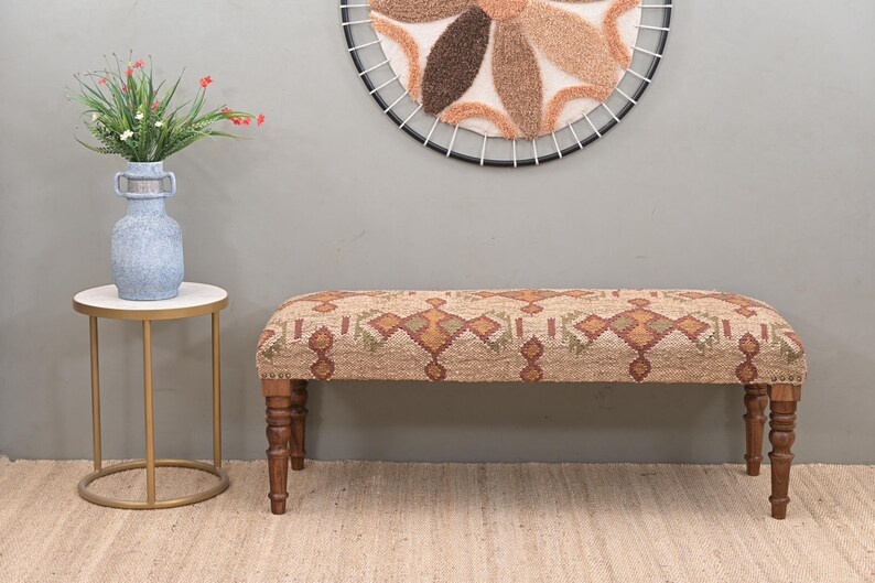 Handmade Kilim Jute Ottoman Piano Bench, Boho Upholstered Wooden Indian Wool Rug Footstool, Traditional Entryway Bench For Living Room Decor