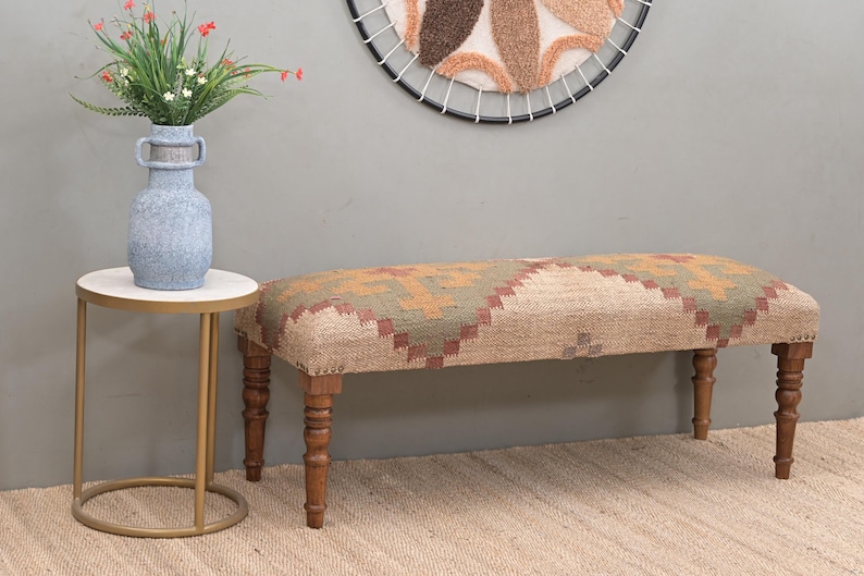 Handmade Kilim Jute Ottoman Piano Bench, Boho Upholstered Wooden Indian Wool Rug Footstool, Traditional Entryway Bench For Living Room Decor