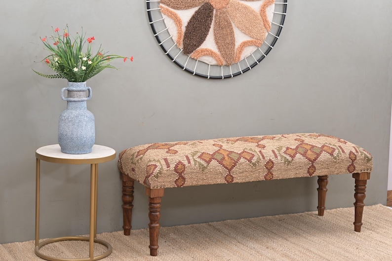 Handmade Kilim Jute Ottoman Piano Bench, Boho Upholstered Wooden Indian Wool Rug Footstool, Traditional Entryway Bench For Living Room Decor