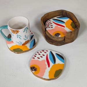 Handpainted Wooden Coaster Set with Holder | Floral Epoxy Resin Drink Coasters | Wooden Coasters for Coffee Table Decor | Gift for Home