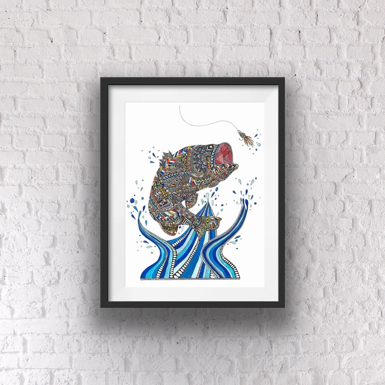 Bass Out of Water Watercolor Zentangle Print
