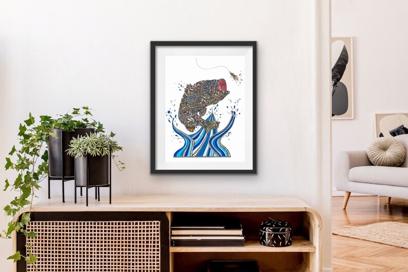 Bass Out of Water Watercolor Zentangle Print