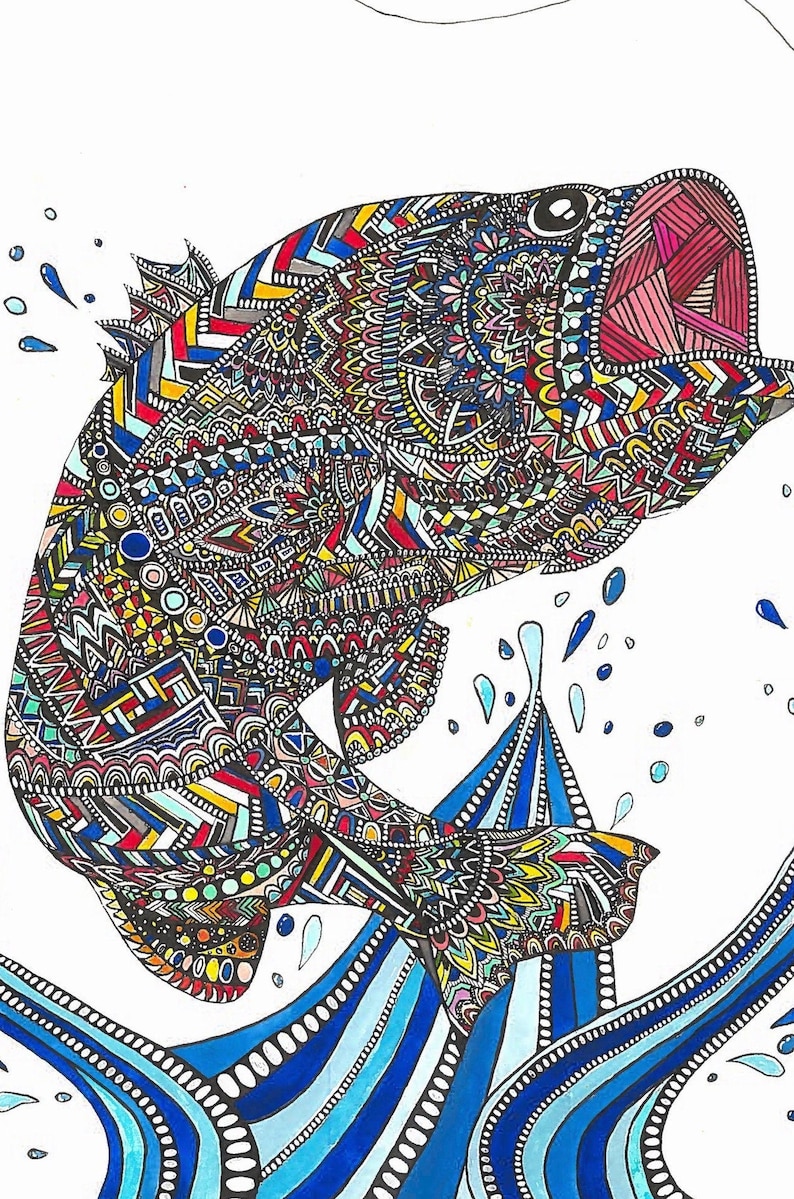 Bass Out of Water Watercolor Zentangle Print