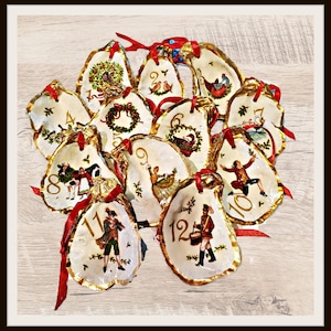 12 Days of Christmas Oyster Shell Ornaments, Jewelry Dish Ring Holder, Decoupaged Christmas Ornament