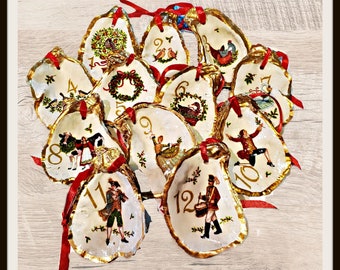 12 Days of Christmas Oyster Shell Ornaments, Jewelry Dish Ring Holder, Decoupaged Christmas Ornament