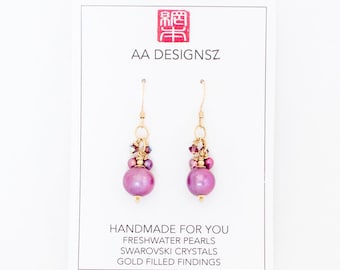 Purple Freshwater Pearls, Swarovski Crystal on Gold Earrings