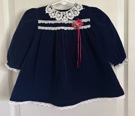 VTG Allison Ann Christmas Dress Navy Blue White Lace Trim USA Made 12m Flower