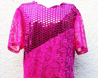 Vintage 70er Jahre Glam Pink Metallic Kleid, Größe 40