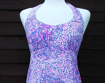 Vintage rosa & lila gesprenkelt Sport Sommerkleid, Größe klein (12 UK)