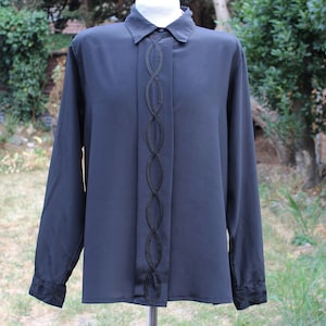 Vintage 80s Yves St.Clair Black Collared Blouse, Size 14 UK