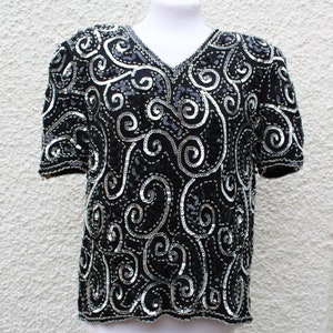Vintage Black & Silver Sequin Design Top, Size Large (12 UK)