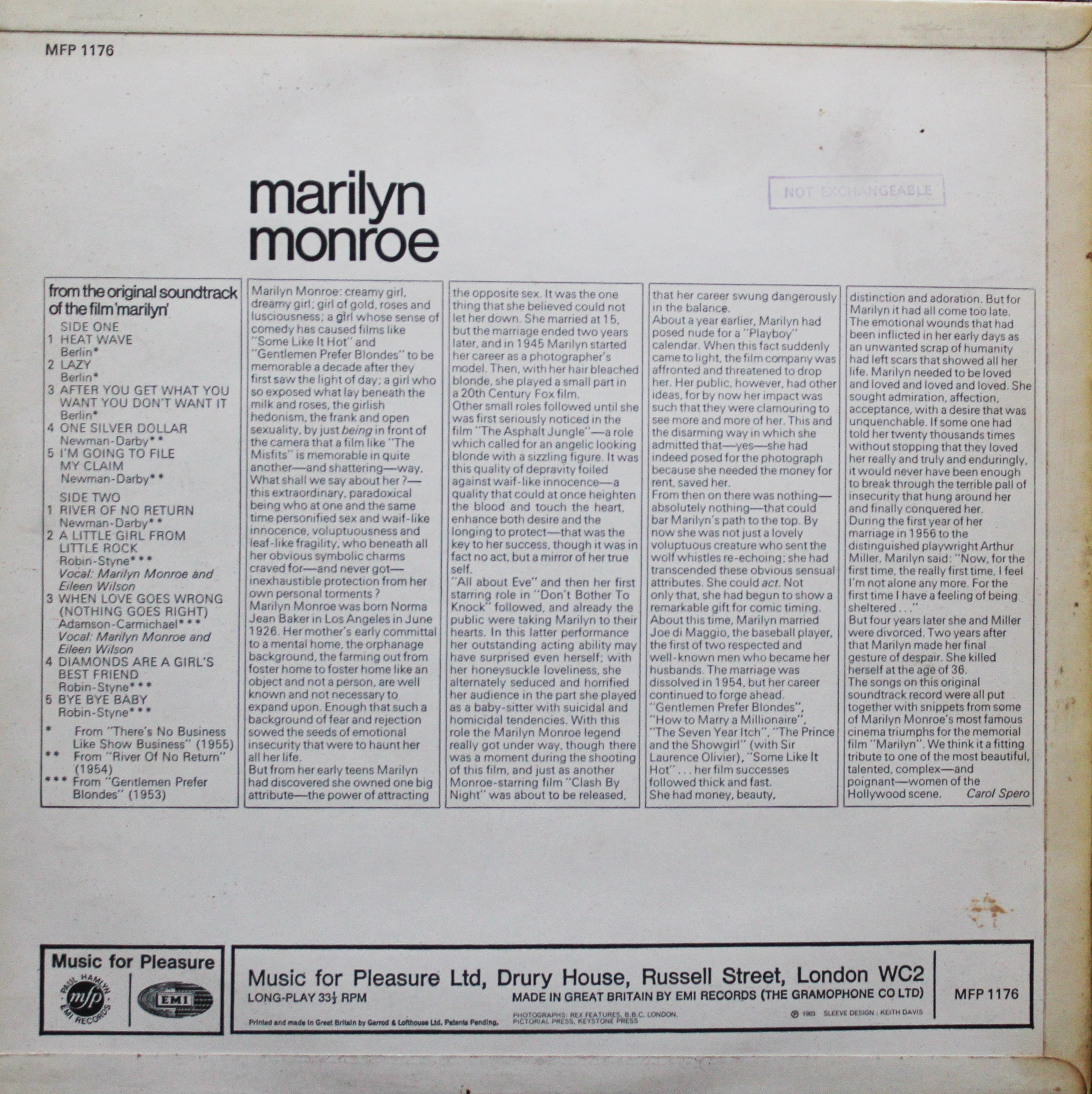 マリリン・モンロー、コンピレーション・ビニールLP（1963） - Etsy 日本