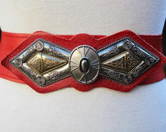 RARE! Red LEATHER Belt/ Gold Studs /women display picture 1