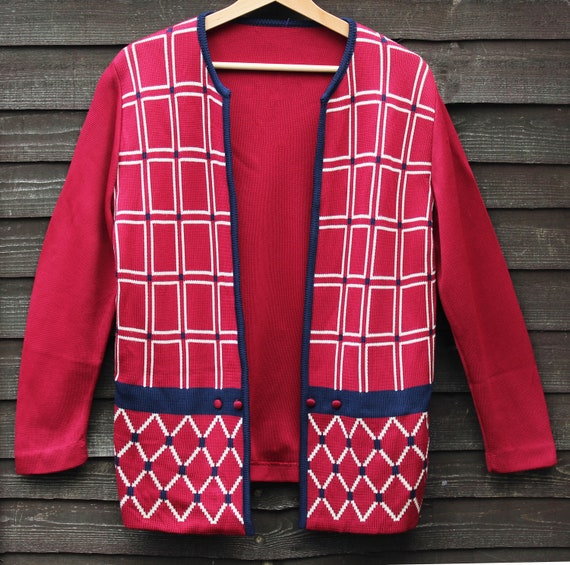 Bold Vintage 70s Bold Patterned Ruby Red & Blue C… - image 1
