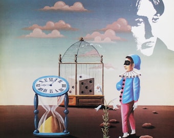 May include: A vintage vinyl record album cover featuring a surreal painting of a clock, an hourglass, a birdcage, and a figure in a blue and pink jester costume. The album title "greatest hits JOAN BAEZ" is printed in white letters on a blue background. The artist's name "Robert Patel" is printed in white letters on a black background in the bottom right corner.