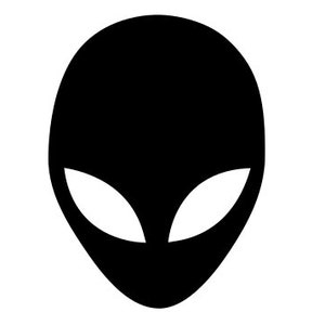 Può includere: Silhouette nera di una testa aliena con grandi occhi a mandorla su sfondo bianco. La testa aliena è di forma ovale, con una superficie liscia e senza tratti. Gli occhi sono bianchi e creano un contrasto sorprendente.