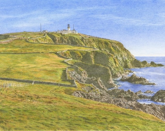 Sumburgh Head, Îles Shetland : Dessin au crayon de couleur, A5, A4, Fine Art Mounted Print. Qualité archivistique.