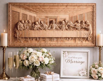 May include: A wooden relief carving of The Last Supper hangs above a display of wedding decor. The display includes a framed sign that reads "God bless your Marriage", flowers, champagne flutes, and wrapped gifts.