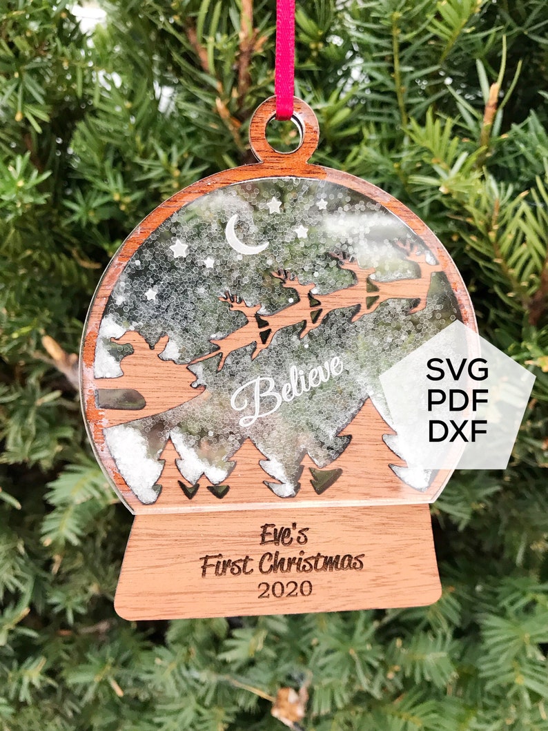 13 inch lighted angel with silver swirling glitter water lantern with Santa's Sleigh Snow Globe Ornament SVG PDF DXF Laser | Etsy