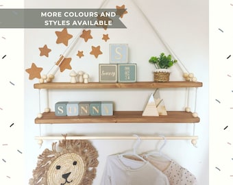 Nursery Shelves With Optional Rail, Hanging Swing Display Shelf for Nursery Decor & Baby Name Blocks, Solid Wood, Nursery Furniture, 40/60cm