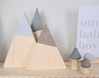 Hand Painted Wooden Mountains and Mushrooms Nursery Decor