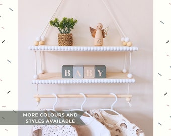 Nursery Shelf With Optional Hanging Rail, Solid Wood Beaded Bobbin Trim Shelves, Nursery Shelf Decor, Name Blocks, Nursery Furniture 40/60cm