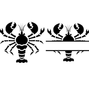May include: Black and white silhouette of a lobster with a blank space for text. The lobster is facing forward with its claws raised. The text space is below the lobster and is the same width as the lobster.