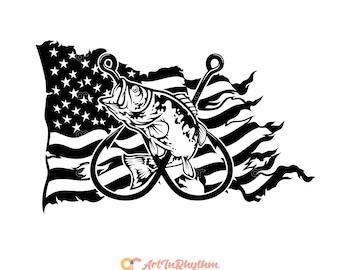 Bandiera americana da pesca in formato SVG, Bandiera americana in formato SVG, Pesca in formato SVG, Amo da pesca al black bass in formato SVG, Ami da pesca in formato SVG, File di taglio SVG per la pesca, Clipart di pesca