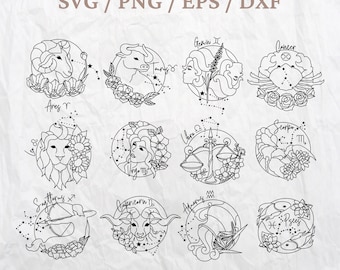 Zodiac Signs Svg, Zodiac Svg Bundle, Zodiac Constellation Svg, Astrology Svg, Celestial Svg, Floral Zodiac Signs Svg, Horoscope Svg