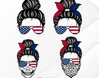 Messy Bun Svg, Patriotic Messy Bun Svg, American Flag Messy Bun Svg, Mom Life Svg, America Flag Svg, USA Mom Messy Bun Svg, 4th of July Svg