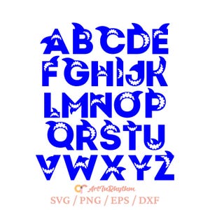 May include: A blue alphabet with shark teeth. Each letter is outlined in white and has a shark fin on top. The letters are arranged in alphabetical order.