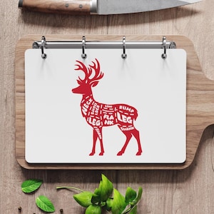 Tabla de cortes de carne de carnicero de ciervos (SVG), tabla de charcutería, tabla de cortar, toalla de cocina, archivo SVG grabado con láser, SVG de forja brillante
