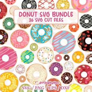 May include: A collection of 36 donut SVG cut files. The donuts are in various colors and designs, including sprinkles, chocolate, and frosting. The text "DONUT SVG BUNDLE" and "36 SVG CUT FILES" is displayed in the center of the image. The text "Art InRhythm" and "SVG/PNG/EPS/DXF" is displayed at the bottom of the image.