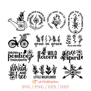 Lente citaten svg bundel, lente bloem svg bundel, lente bloemen svg bundel, lente wilde bloemen svg, wild en vrij svg, bloemen svg bundel