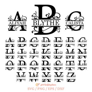 May include: A set of 26 black and white alphabet letters with decorative flourishes. Each letter has a horizontal line through the middle with space for a name above and below. The letters are in uppercase and are arranged in alphabetical order. The letters are suitable for use in crafting projects such as personalized signs, home decor, and scrapbooking.