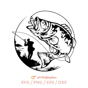 Vliegvissen scène Svg, visserij Svg, bas vissen Svg, baars vissen Svg, visser Svg, visserij Svg-bestand, visserij Clipart, vissen ronde Svg