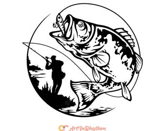 Fliegenfischen Szene svg, Angeln svg, Bass Angler svg, Bass Fisch svg, Fischer svg, Angeln-Svg-Datei, Angeln Clipart, Angeln Runde svg
