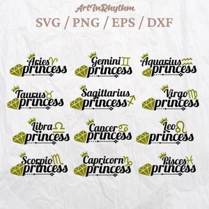 Bundle svg signe du zodiaque, princesse née, Bélier Taureau Gémeaux Cancer Lion Vierge Balance Scorpion Sagittaire Capricorne Verseau Poissons