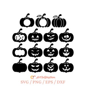 May include: A selection of black pumpkin designs with different carved faces and shapes. The pumpkins are in a variety of styles, including traditional jack-o'-lanterns and more abstract designs. The image also includes the text "SVG / PNG / EPS / DXF".