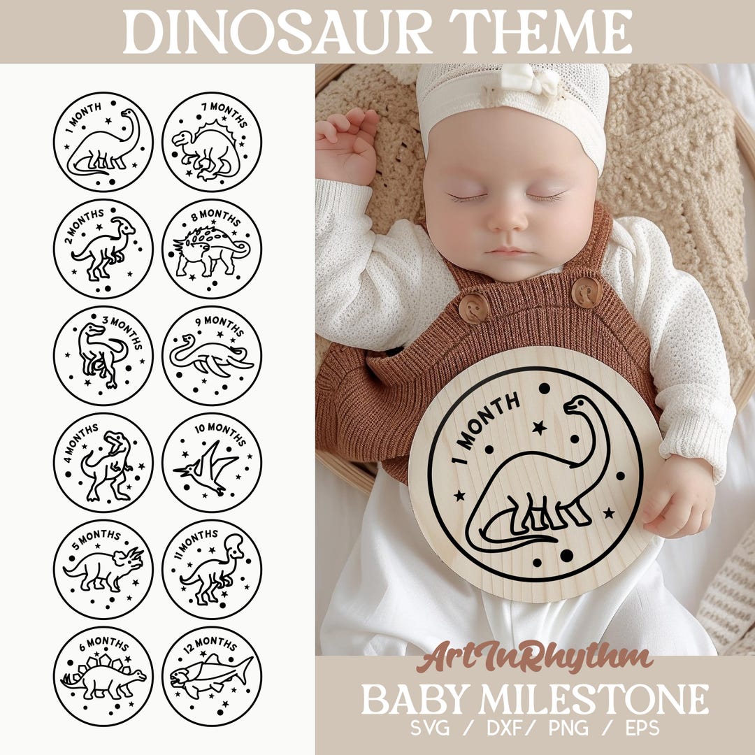 Dinosaurs Baby Month Milestone, Monthly Milestone Marker, Baby ...
