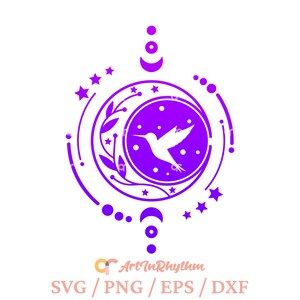Beija-flor celestial svg, Pássaro mágico svg, Beija-flor svg, Beija-flor místico svg, Beija-flor mágico svg, Sol celestial e lua svg