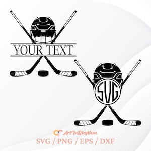Puede incluir: Silueta en blanco y negro de dos palos de hockey cruzados con un casco de hockey en el centro. El palo de hockey superior tiene el texto "YOUR TEXT" en una pancarta. El palo de hockey inferior tiene un círculo con el texto "SVG" en el centro.