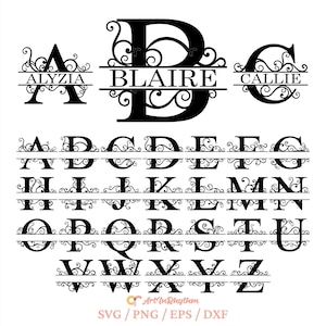 Split Monogramme SVG, Flourish Split Monogramme SVG, Split Monogramm Rahmen SVG, Alphabet SVG, Buchstaben SVG, Split Buchstabe Monogramme SVG