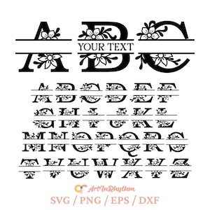 Letra dividida monograma svg, letra del alfabeto floral svg, letra del alfabeto de flores svg, letra del alfabeto A-Z svg, fuente floral svg, flor svg