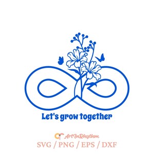 Könnte beinhalten: Blaues Unendlichkeitszeichen mit einem floralen Design und Schmetterlingen. Der Text "Let's grow together" befindet sich unter dem Symbol.