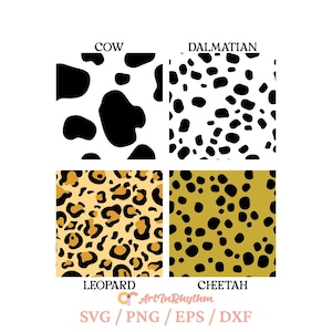 Estampado de vaca svg, Estampado de guepardo svg, Estampado de leopardo svg, Estampado dálmata svg, Paquete PNG de patrones sin costuras con estampado de animales, Patrón de estampado animal